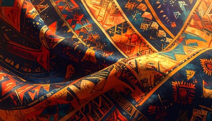 Vibrant textile design with intricate patterns and a dynamic texture. Bold colors and stylized motifs create a captivating visual effect.