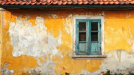 A weathered yellow wall with a blue window and green shutters, featuring a cracked and peeling paint surface.