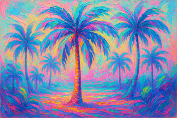 Stylized Trees Abstract Mural Art with Pastel and Neon Colors, Expressive Brush Texture