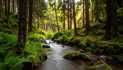 Obraz premium A tranquil forest stream meanders through a lush, mossy woodland, bathed in the soft, golden light filtering through the towering trees.