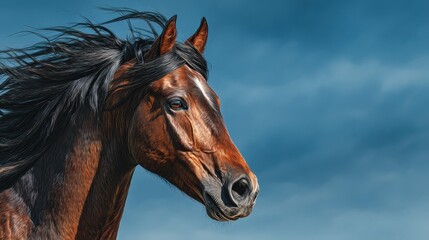 Obraz premium Majestic brown horse with flowing mane against a dramatic sky at sunset in a serene landscape