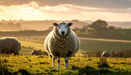 A sheep stands confidently in a golden, rural landscape, bathed in the warm light of sunset.