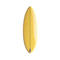 Yellow surfboard, top-down view.  Smooth, glossy finish, narrow, pointed tail.  Central  yellow stripe