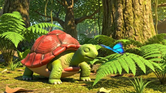 A cartoon turtle with a red shell and green body stands in a vibrant forest looking at a blue butterfly Green ferns and moss cover the ground