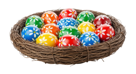 Colorful easter eggs in a woven nest on transparent background