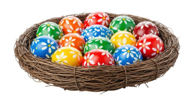 Colorful easter eggs in a woven nest on transparent background
