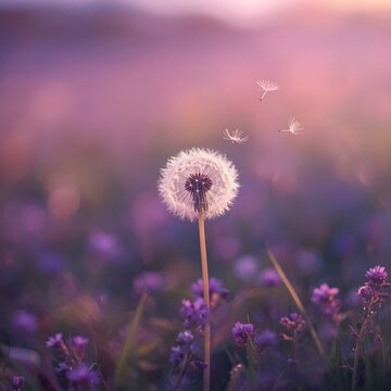 Dreamy close-up of dandelion with seeds blowing in the wind against soft purple meadow and sunset sky, delicate nature photography symbolizing freedom, hope, and serenity, perfect for wallpaper backdr