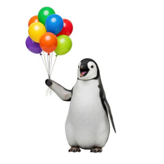 Fototapeta premium Penguin holding colorful balloons on transparent background