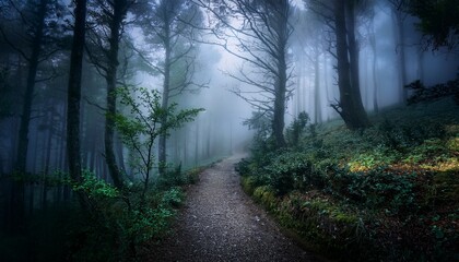 Fototapeta premium Enigmatic Forest Path A Mysterious And Atmospheric Photograph Of A Fog Laden Path Winding Through A Dense Dark Forest The Scene Evokes A Sense Of Mystery And Intrigue