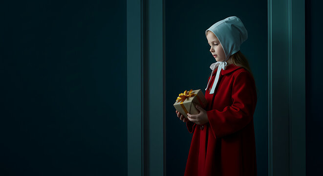 Young girl in red coat and bonnet holding a basket of food.
