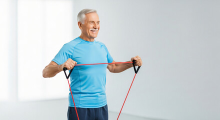 Active senior man smiling while exercising with resistance band for a healthy lifestyle