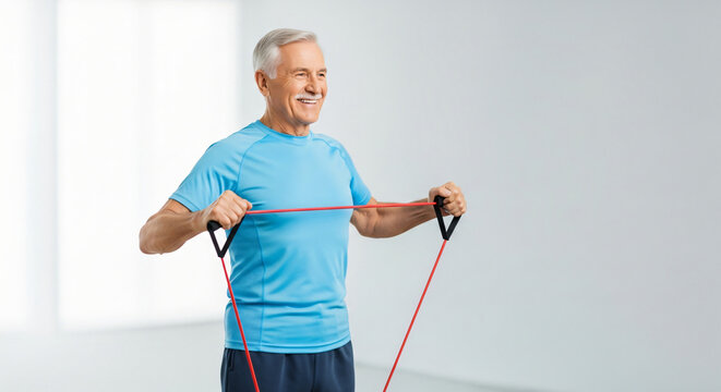 Active senior man smiling while exercising with resistance band for a healthy lifestyle - Powered by Adobe