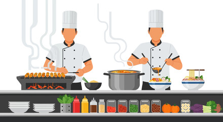 Busy Restaurant Kitchen Scene with Chefs Preparing Various Dishes