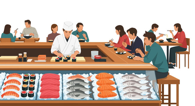 Busy sushi restaurant scene with chef preparing food for customers