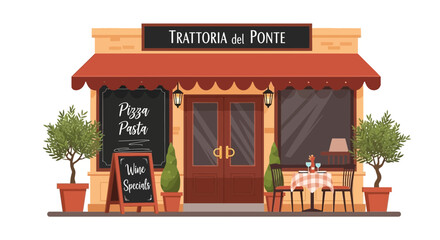 Charming Italian Trattoria Facade with Pizza and Pasta Menu Illustration