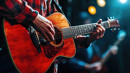Fototapeta premium A person playing an acoustic guitar on a stage with a blurred background.