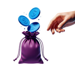 Hand Reaching for Coins Falling into Purple Sack