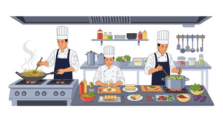 Culinary team masters diverse dishes, chefs create vibrant Asian cuisine