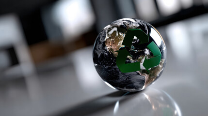 A creative representation of Earth featuring bold green recycling arrows, symbolizing humanity's responsibility towards sustainable living and environmental preservation.