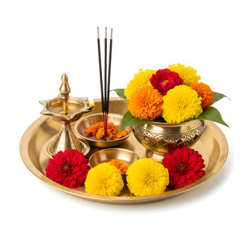 Traditional Hindu pooja thali with brass plate, marigold flowers, incense sticks, oil lamp, and kumkum powder isolated on white background, festive offering setup for Diwali, puja rituals, and celebra