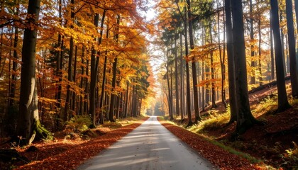 Naklejka premium A straight road cuts through a forest of tall trees ablaze with golden and orange autumn foliage. The path leads toward bright light