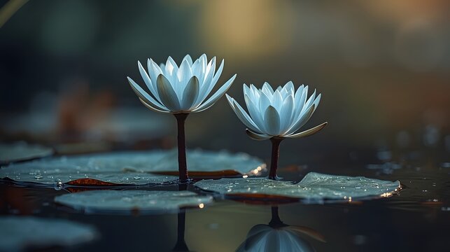 Beautiful close-up of two white water lilies blooming on calm pond surface with floating lily pads, serene nature photography with reflection and soft natural light, perfect for background wallpaper b