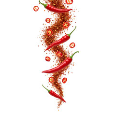 Fiery Red Chili Peppers and Flakes Cascade on Black
