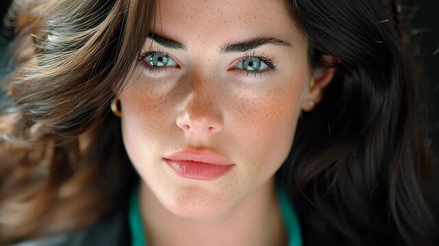 a close-up portrait of a young woman with natural features and freckles