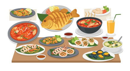 Exquisite selection of Thai dishes arranged beautifully on a table spread