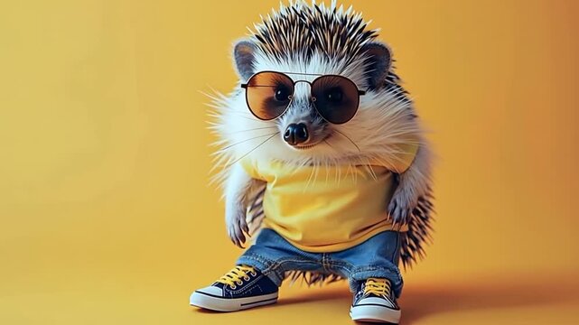 A fashionable hedgehog wearing sunglasses, a yellow shirt, and blue jeans stands confidently against a bright yellow background.