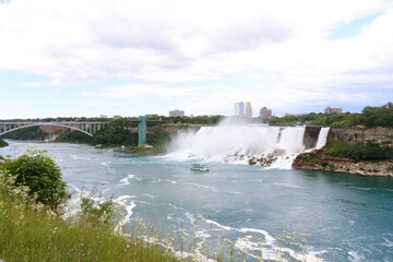 Iconic Niagara Falls waterfall viewed from Canada with mist and power.