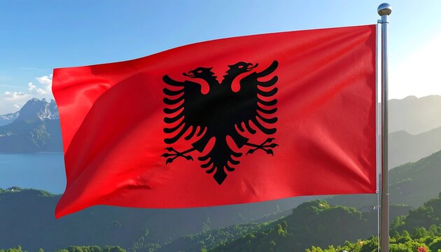 Red Albanian flag with a black double-headed eagle fluttering against a mountain backdrop under a bright blue sky - Powered by Adobe