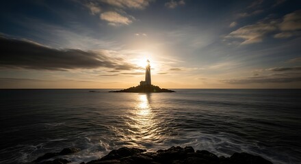 Dramatic Lighthouse Sunset: Sunburst over the Sea, Coastal Beacon of Hope
