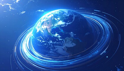 A vibrant depiction of planet Earth, encircled by swirling, luminous rings, set against a deep blue space backdrop.