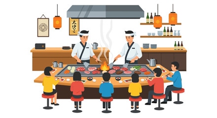 Interactive teppanyaki culinary experience with chefs and delighted diners