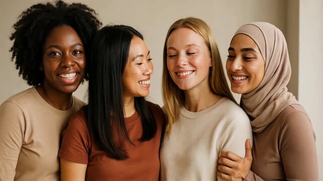 A diverse group of women smiling warmly at the camera in a medium close-up shot, perfect for a video on friendship and unity.
