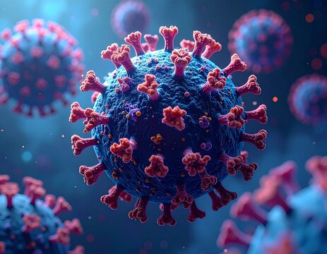 3D coronavirus particles on dark blue medical background — science, outbreak and pandemic concept.