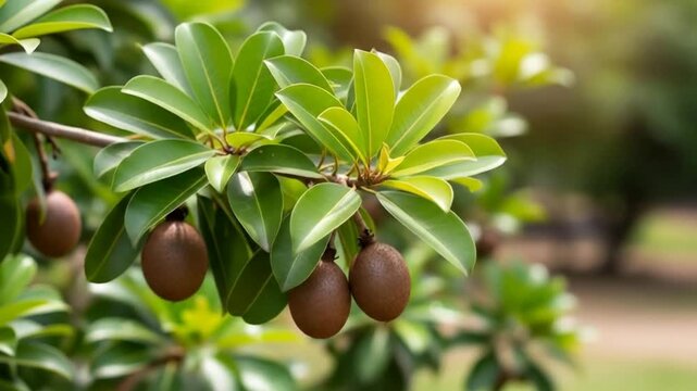 Close-up of a sapodilla tree branch laden with ripe brown fruits and lush green leaves under warm sunlight in a natural outdoor setting.
