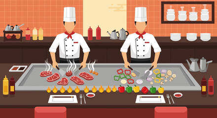 Teppanyaki chefs prepare and cook meat and vegetables in a restaurant