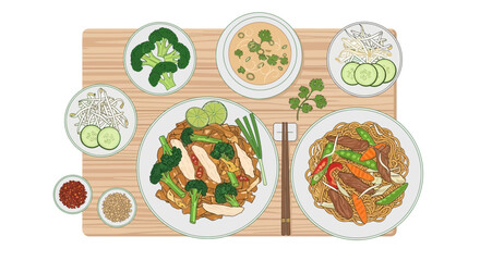 Top-down view of a delectable spread of pan-Asian dishes presentation