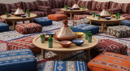 Vibrant Moroccan lounge setting with low tables and colorful cushions