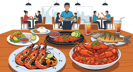 Vibrant seafood feast with diverse dishes at a bustling restaurant