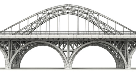 Obraz premium Detailed wireframe rendering of a steel arch bridge against a plain white background showcasing engineering