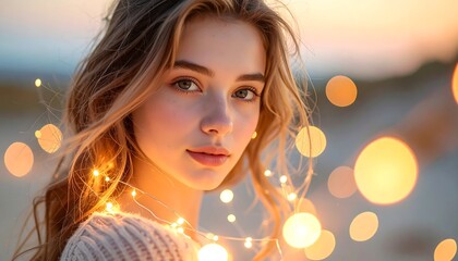 Young woman with string lights, serene. Golden hour glow. Soft, dreamy, romantic portrait