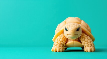 Realistic Yellow Tortoise Toy on Vibrant Turquoise Background