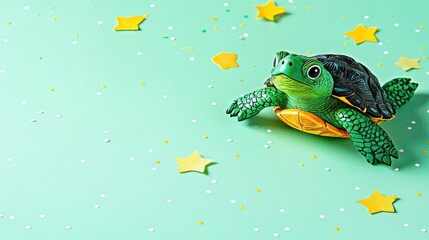 Playful Plastic Turtle Toy on Colorful Background with Stars