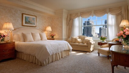 Luxurious bedroom suite with a panoramic city view showcases elegant decor and comfortable furnishings.