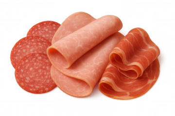 Slices of ham, salami, and bacon are arranged on a transparent background, ready to be added to any design