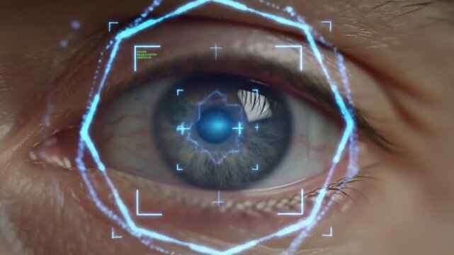 An eye undergoes a futuristic scan revealing the potential of technology to decode human vision with sharp focus and