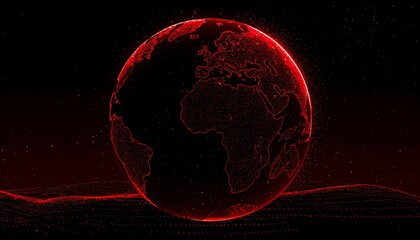 Red digital world outline against a black background